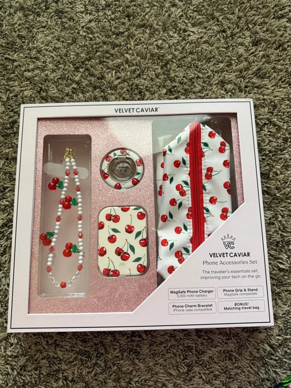 Velvet Caviar Cherry Print Phone Accessory Gift Set - White & Red